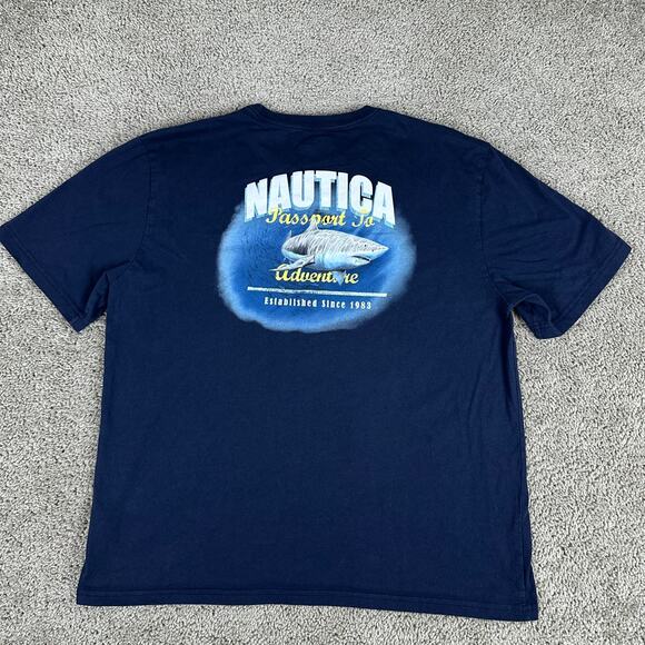 Nautica Shirt Mens XXL 2XL Blue Great White Shark Passport To Adventure Casual - Picture 1 of 10